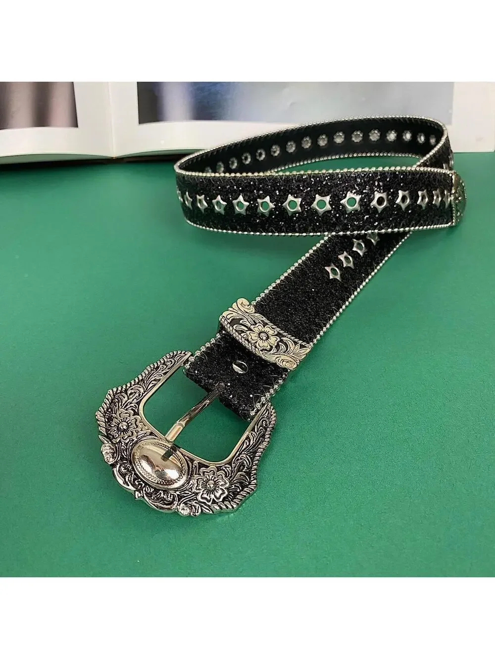 Y2k Style Studded Black and Silver 2-Tone Rhinestone belt. Cool grunge/punk